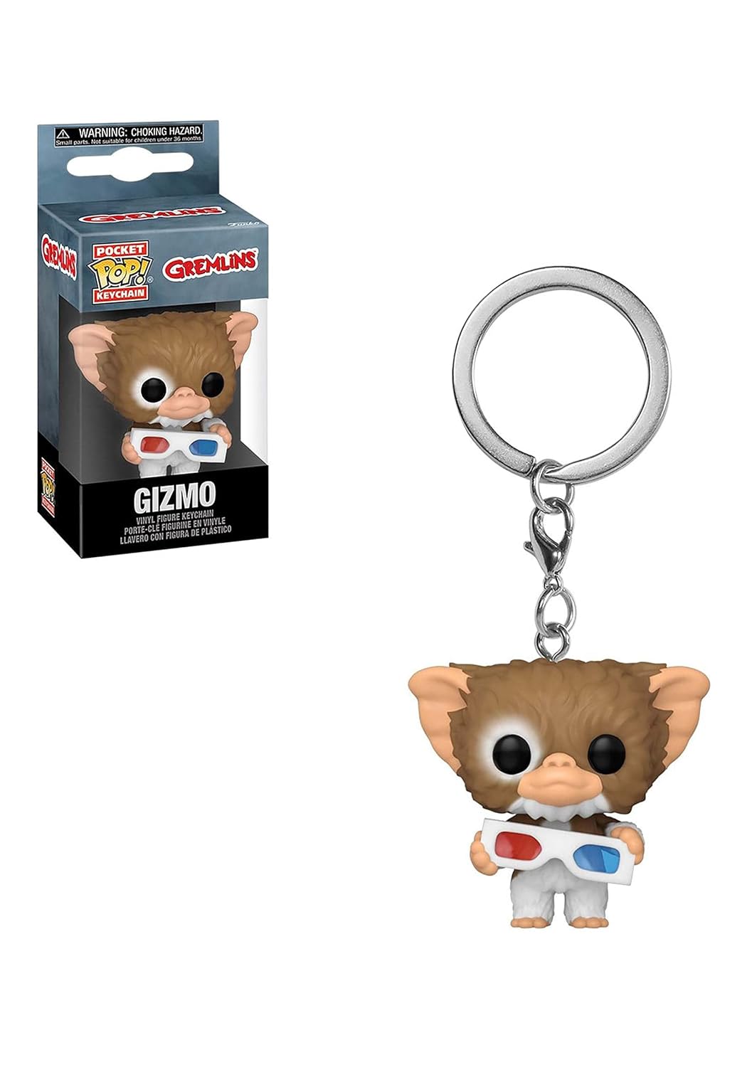 Funko Pocket Pop! Gizmo (Gremlins) keychain holding 3D glasses, displayed with its product box