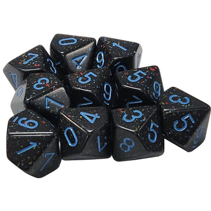 A pile of black, speckled D10 dice with bright blue numbers
