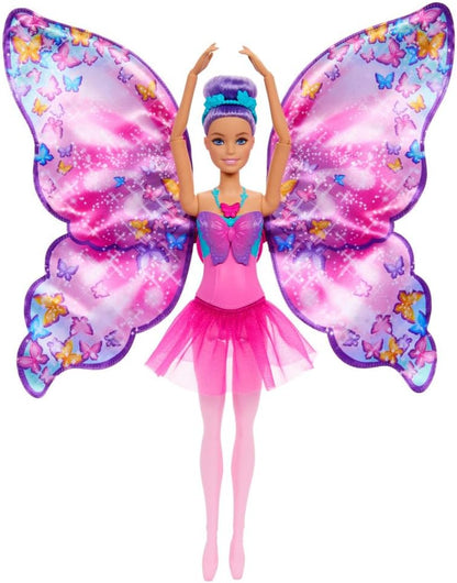 Barbie doll in a pink ballerina outfit with large -  sparkly pink and purple butterfly wings -  striking a ballet pose with arms overhead