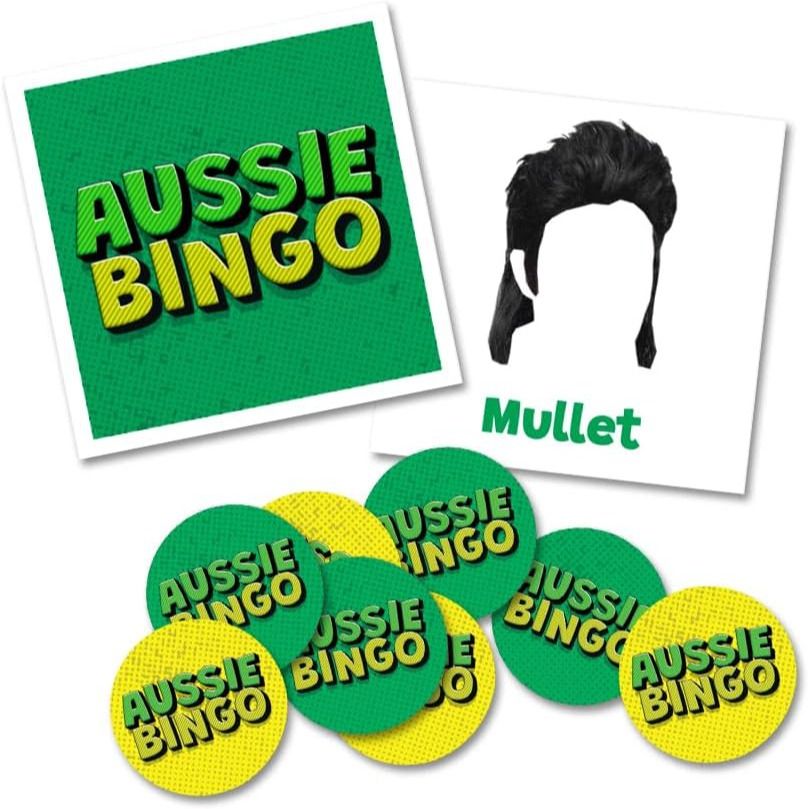 Aussie Bingo game components: title card, Mullet illustration card, and green/yellow playing tokens