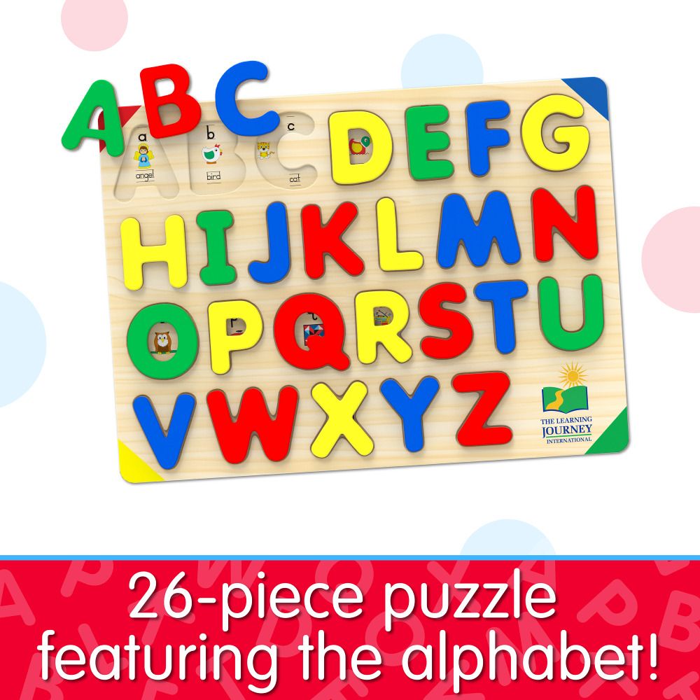 Wooden alphabet puzzle board with 26 colourful letter pieces (red, blue, yellow, green) for early learning