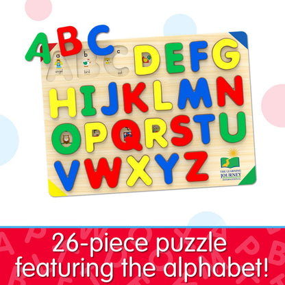 Wooden alphabet puzzle board with 26 colourful letter pieces (red, blue, yellow, green) for early learning