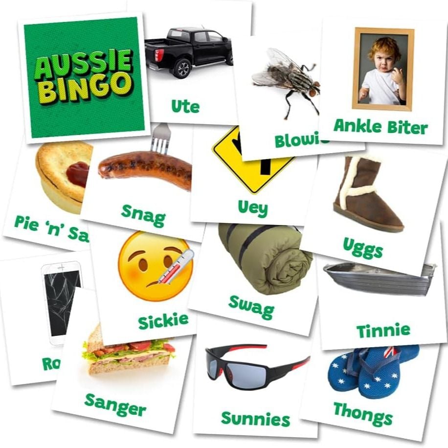 Aussie Bingo game cards featuring images and slang terms: Ute, Swag, Snag, Thongs, Ugg's, and Pie 'n' Sa