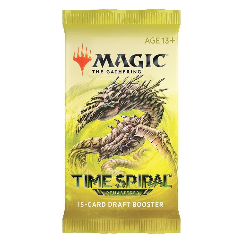 A Time Spiral Remastered Draft Booster Pack shows a coiled spiky creature on a yellow-green background, labeled 15-Card Draft Booster