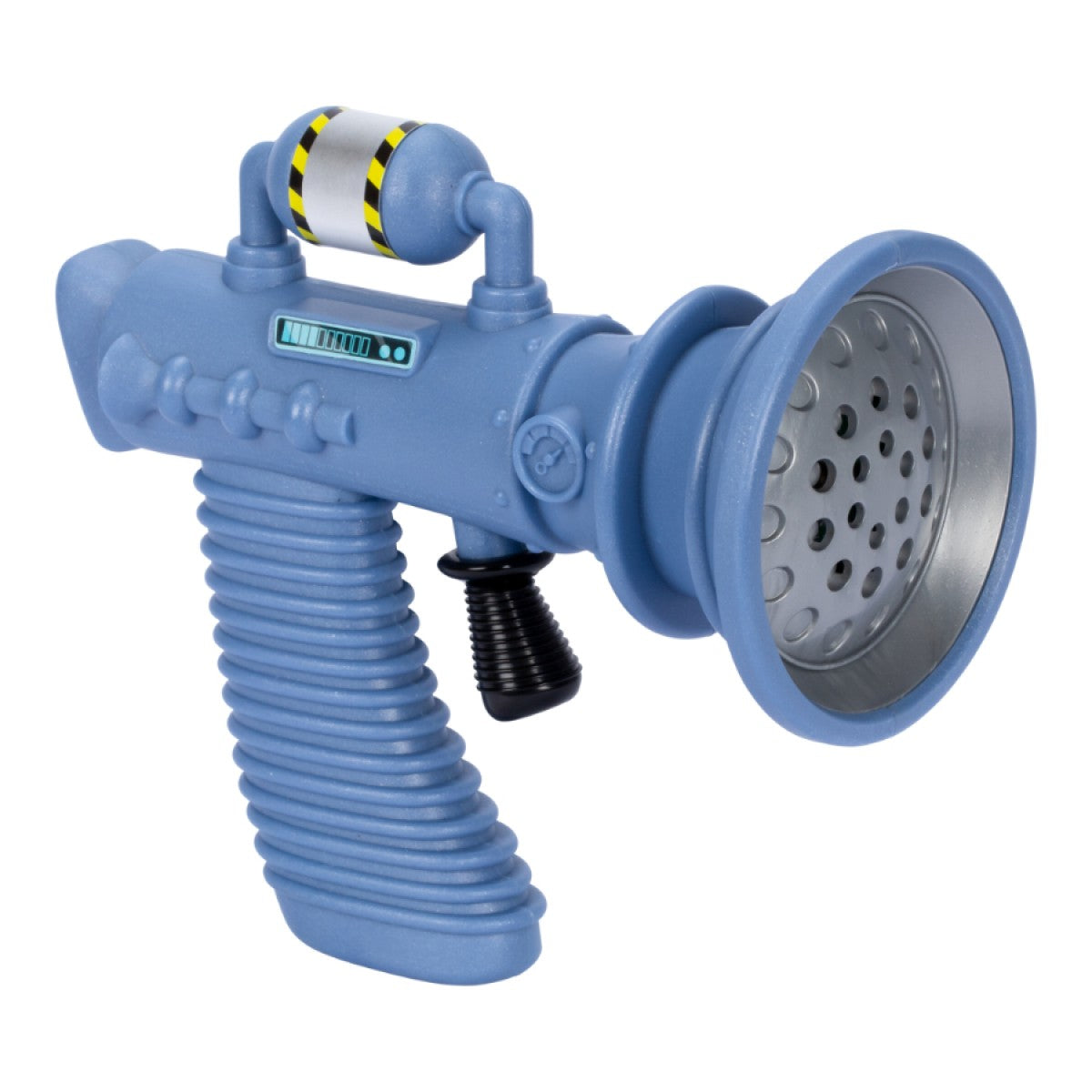 A light blue Moose Despicable Me 4 Mini Fart Blaster toy with a ribbed grip, black trigger, silver perforated speaker-like muzzle, and a striped power cell on top