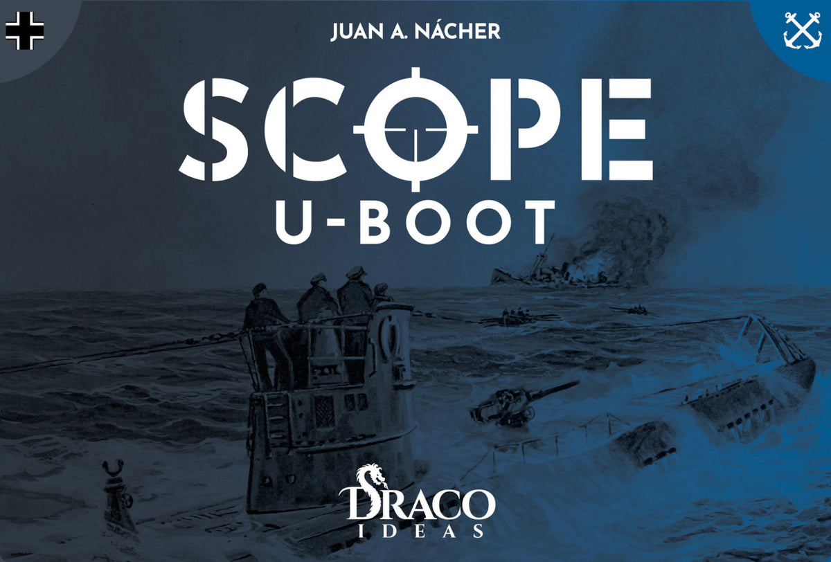 Box art of Draco Ideas Scope: U-Boot game featuring a WWII submarine illustration