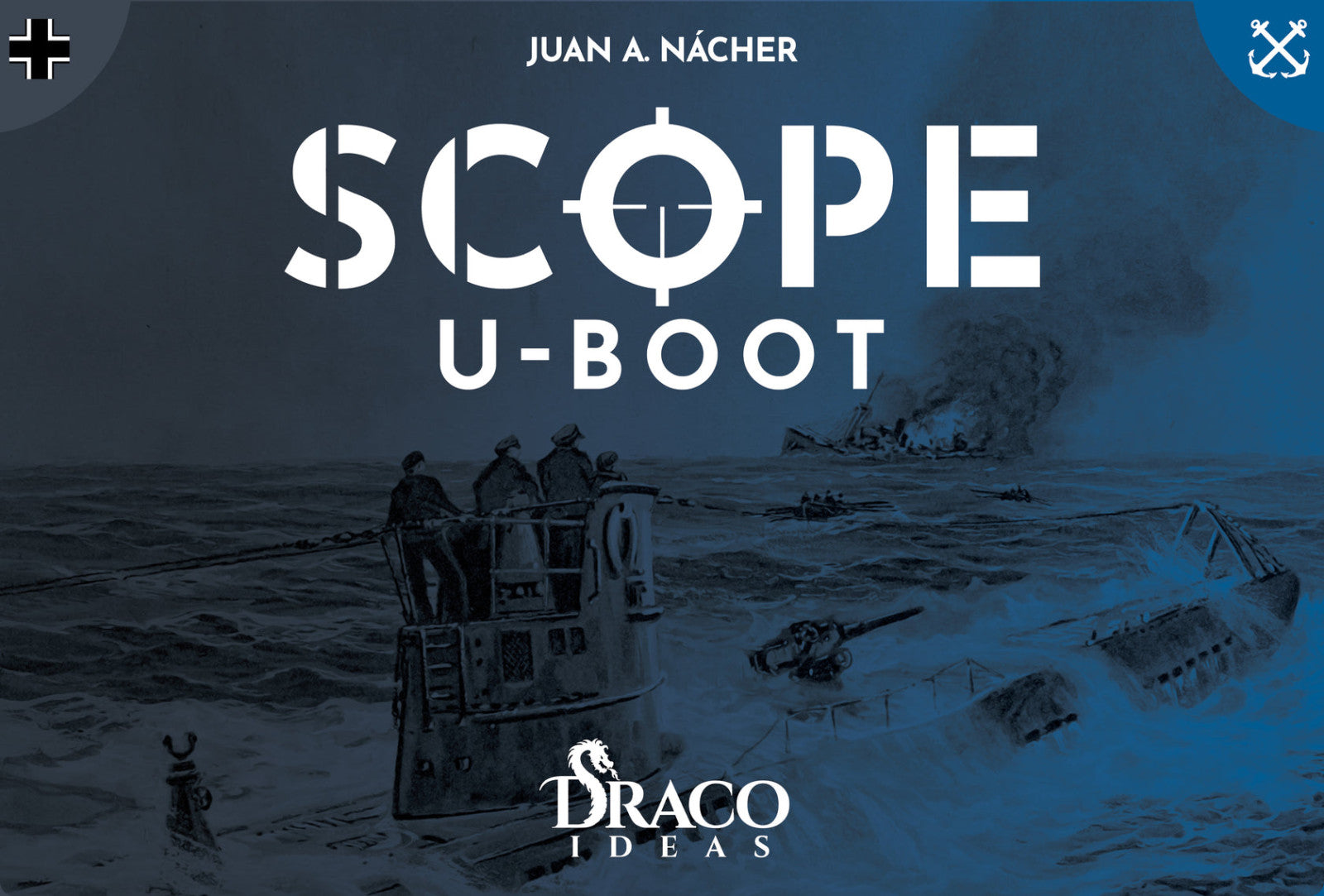 Box art of Draco Ideas Scope: U-Boot game featuring a WWII submarine illustration