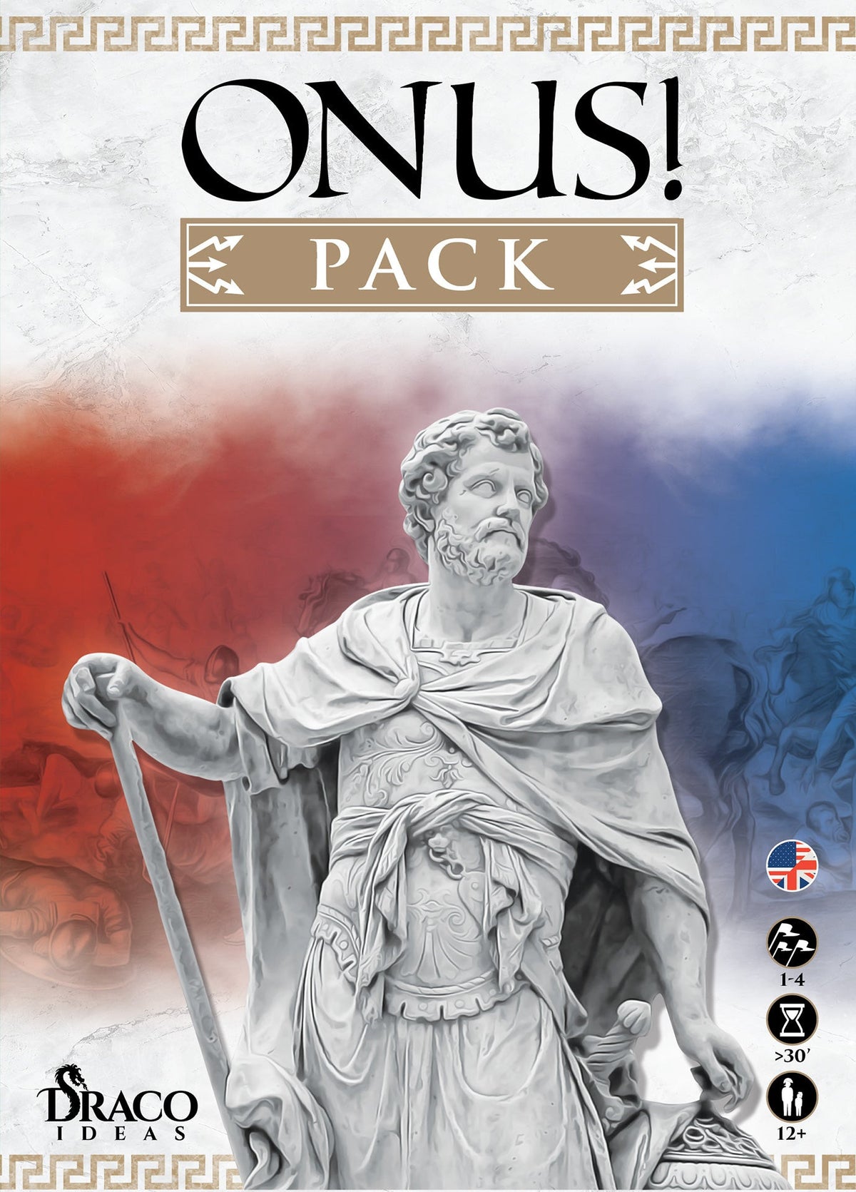 Onus!: Pack box art showing a close-up of a Roman legionary with a red plume on his helmet, holding a sword and shield, in front of a hazy battlefield background