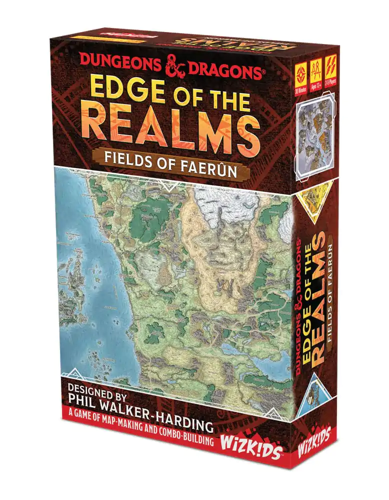 The board game box for D&D Edge of the Realms - Fields of Faerun featuring a fantasy map with land, water, and mountain ranges