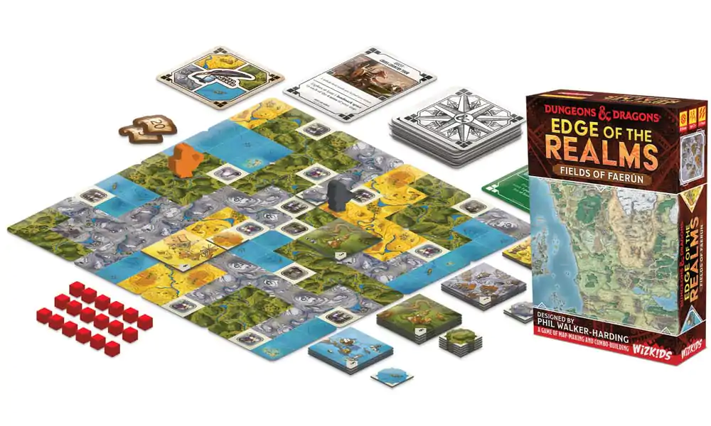 The Dungeons & Dragons Edge of the Realms - Fields of Faerun game box is shown with a modular board of landscape tiles, cards, and game pieces