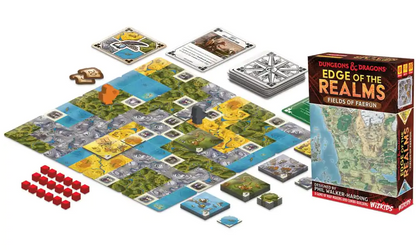The Dungeons & Dragons Edge of the Realms - Fields of Faerun game box is shown with a modular board of landscape tiles, cards, and game pieces