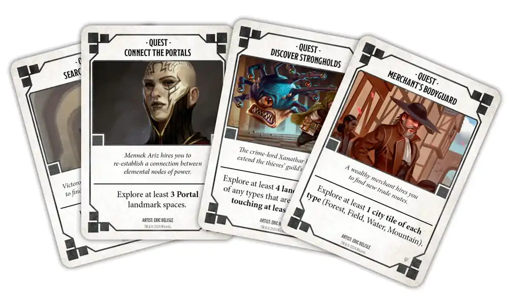 Four D&D Edge of the Realms - Fields of Faerun game cards are fanned out showing quests with fantasy art of a warrior, monster, and merchant