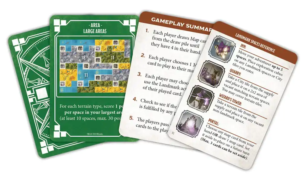 A fanned stack of D&D Edge of the Realms - Fields of Faerun game cards with green scoring cards and brown gameplay summary and landmark reference cards visible