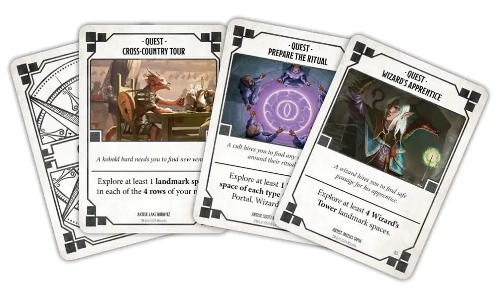 Three D&D Edge of the Realms Fields of Faerun quest cards are fanned out, showing fantasy artwork and quest details