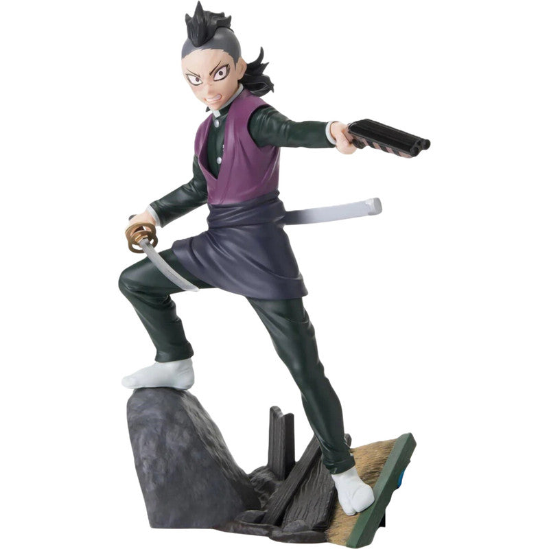 Anime figure of a male character with a sword and pistol wearing a green and purple outfit standing on a rocky terrain base
