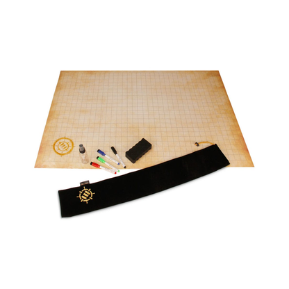 A tabletop RPG parchment grid mat campaign kit with the gridded mat, a black bag, dry-erase markers, a spray bottle, and an eraser