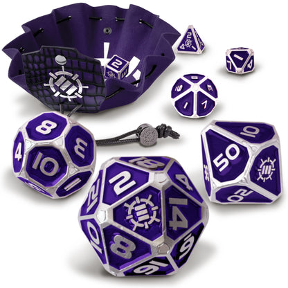A purple and silver Enhance Tabletop Collector's Metal RPG Dice Set with a matching vegan leather bag and tray scattered on a white surface