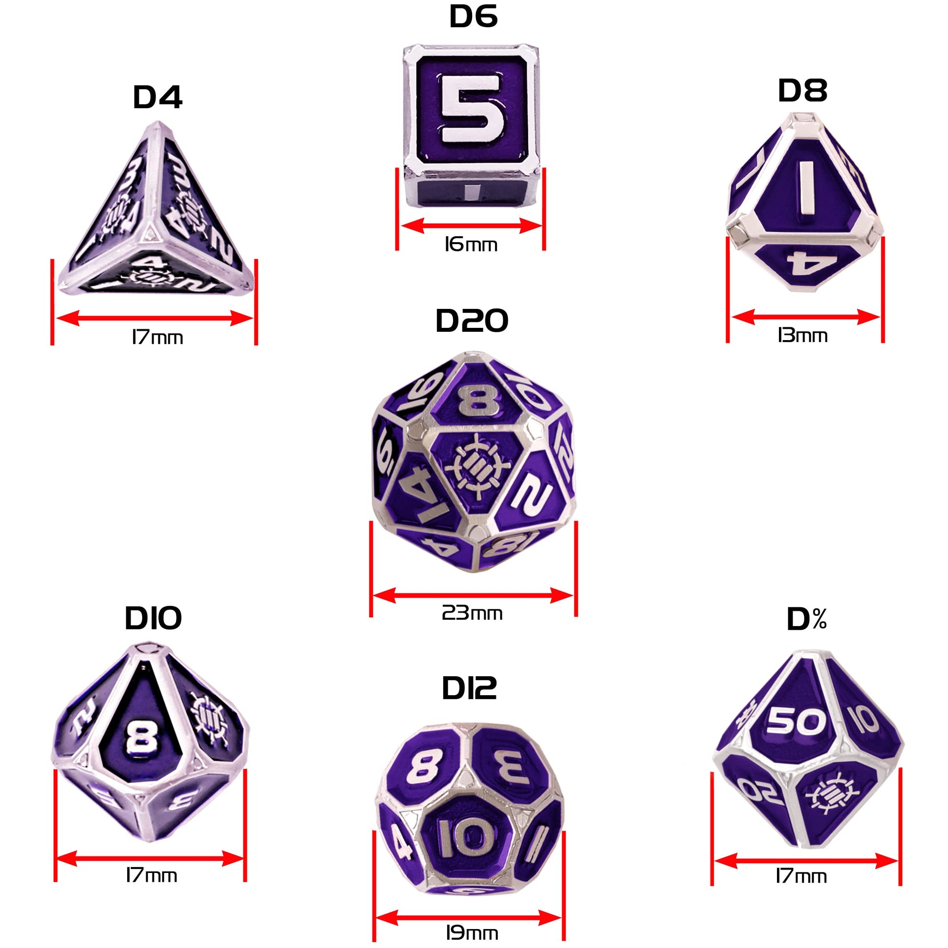 An Enhance Tabletop Collector's Metal RPG Dice Set of seven purple and silver dice (D4-D%), each displaying its width
