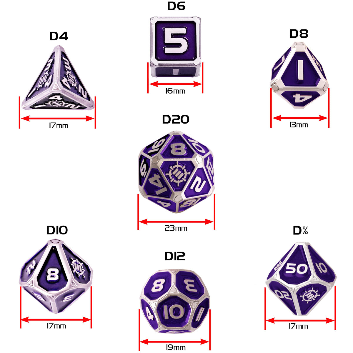 An Enhance Tabletop Collector&#39;s Metal RPG Dice Set of seven purple and silver dice (D4-D%), each displaying its width