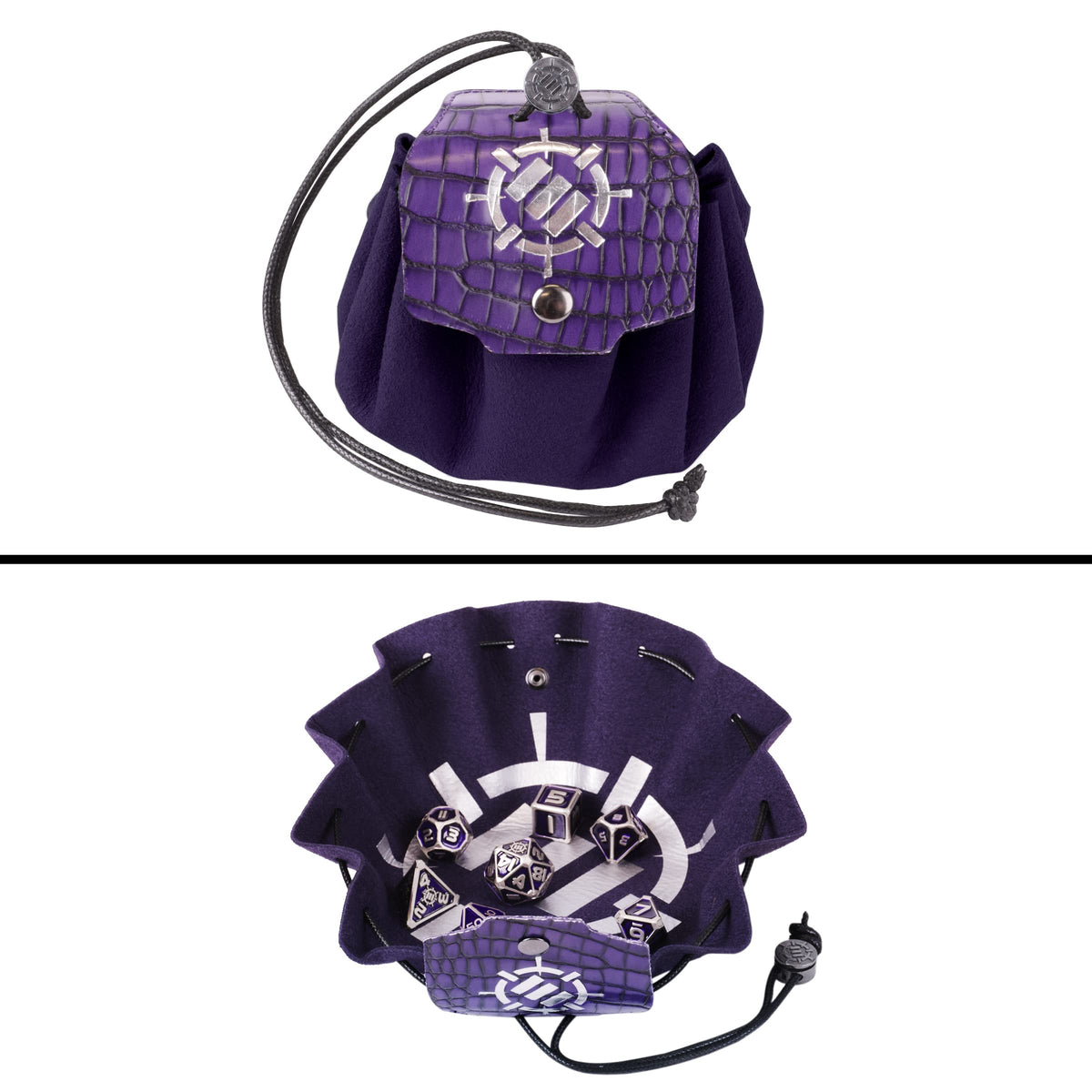 A purple vegan leather 2-in-1 bag and tray with a crocodile texture flap and silver symbol is shown closed and then open revealing metal RPG dice
