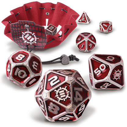 An Enhance Tabletop Metal RPG Dice Set with red and silver dice, alongside a red vegan leather bag and tray