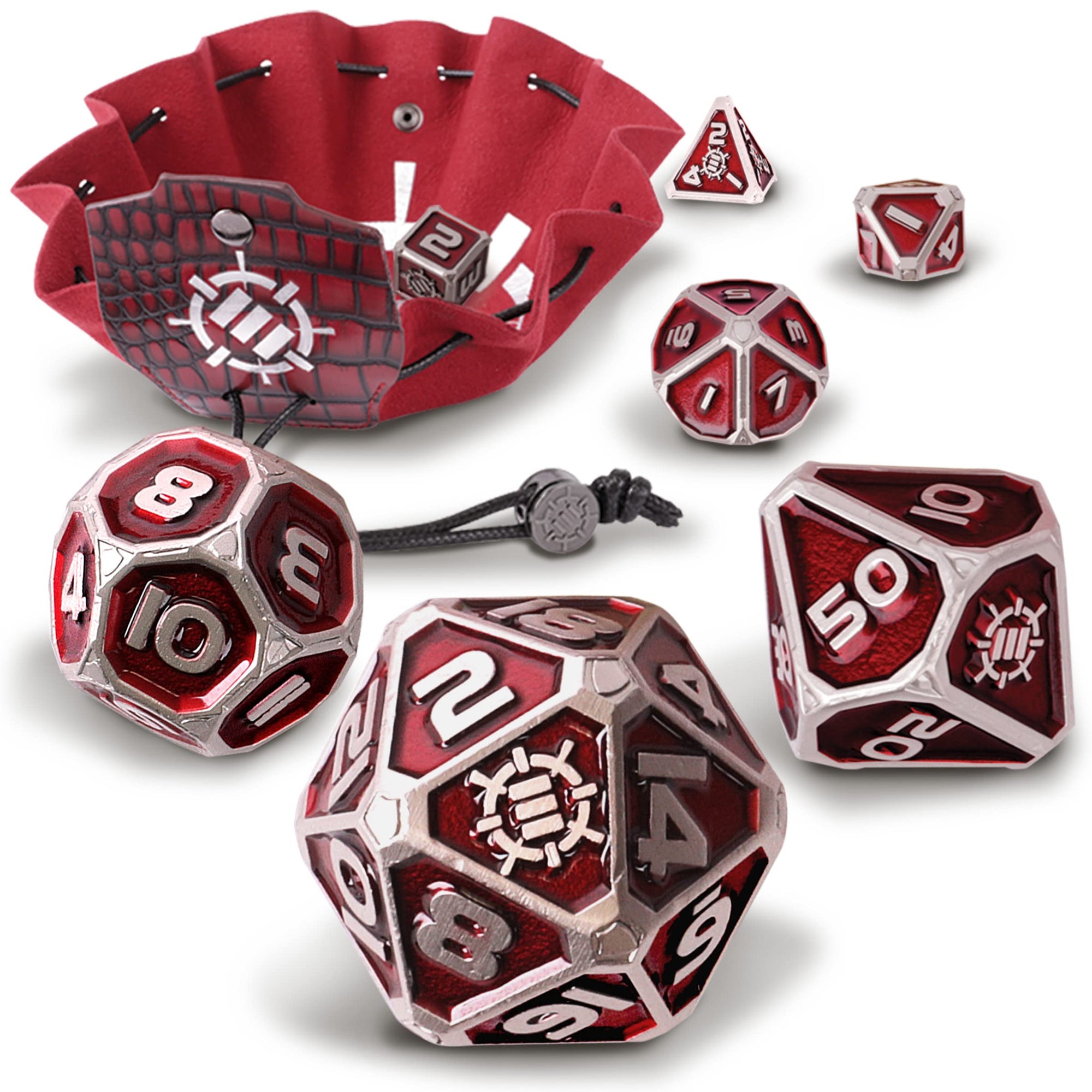 An Enhance Tabletop Metal RPG Dice Set with red and silver dice, alongside a red vegan leather bag and tray
