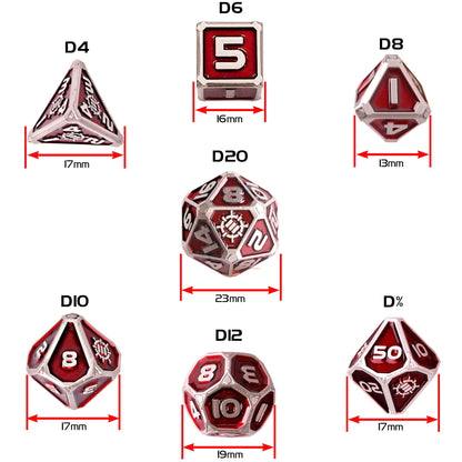 An Enhance Tabletop Collector's Metal RPG Dice Set of seven red and silver polyhedral dice shown with their different shapes and labeled dimensions in millimeters