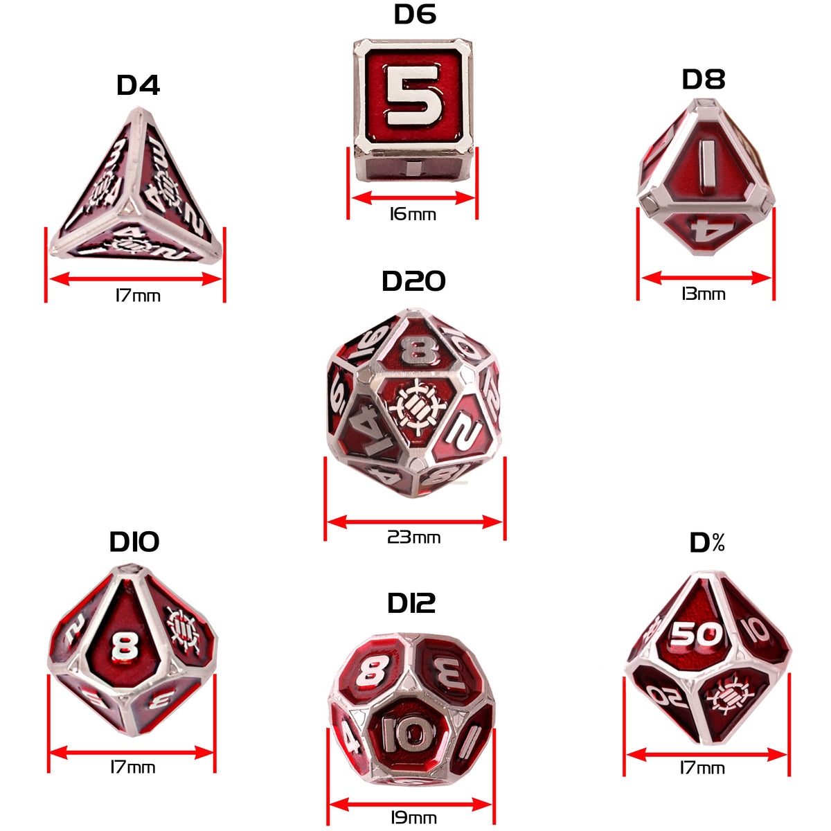 An Enhance Tabletop Collector&#39;s Metal RPG Dice Set of seven red and silver polyhedral dice shown with their different shapes and labeled dimensions in millimeters