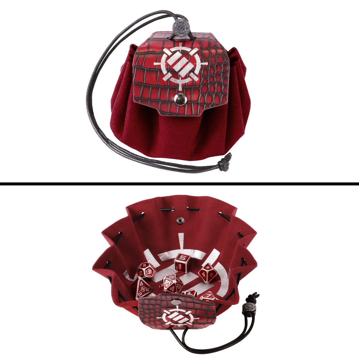 A red 2-in-1 vegan leather dice bag and tray, shown closed and then open to reveal metal RPG dice inside