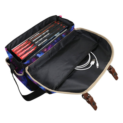 An overhead view of the open Enhance Galaxy Dnd bag packed with multiple Dungeons and Dragons core rulebooks and a white charging cord visible in the zippered pocket