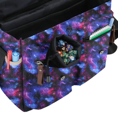 Galaxy-patterned Dnd bag featuring a full dice pouch, external slots for markers, and a zippered pocket holding a small notebook