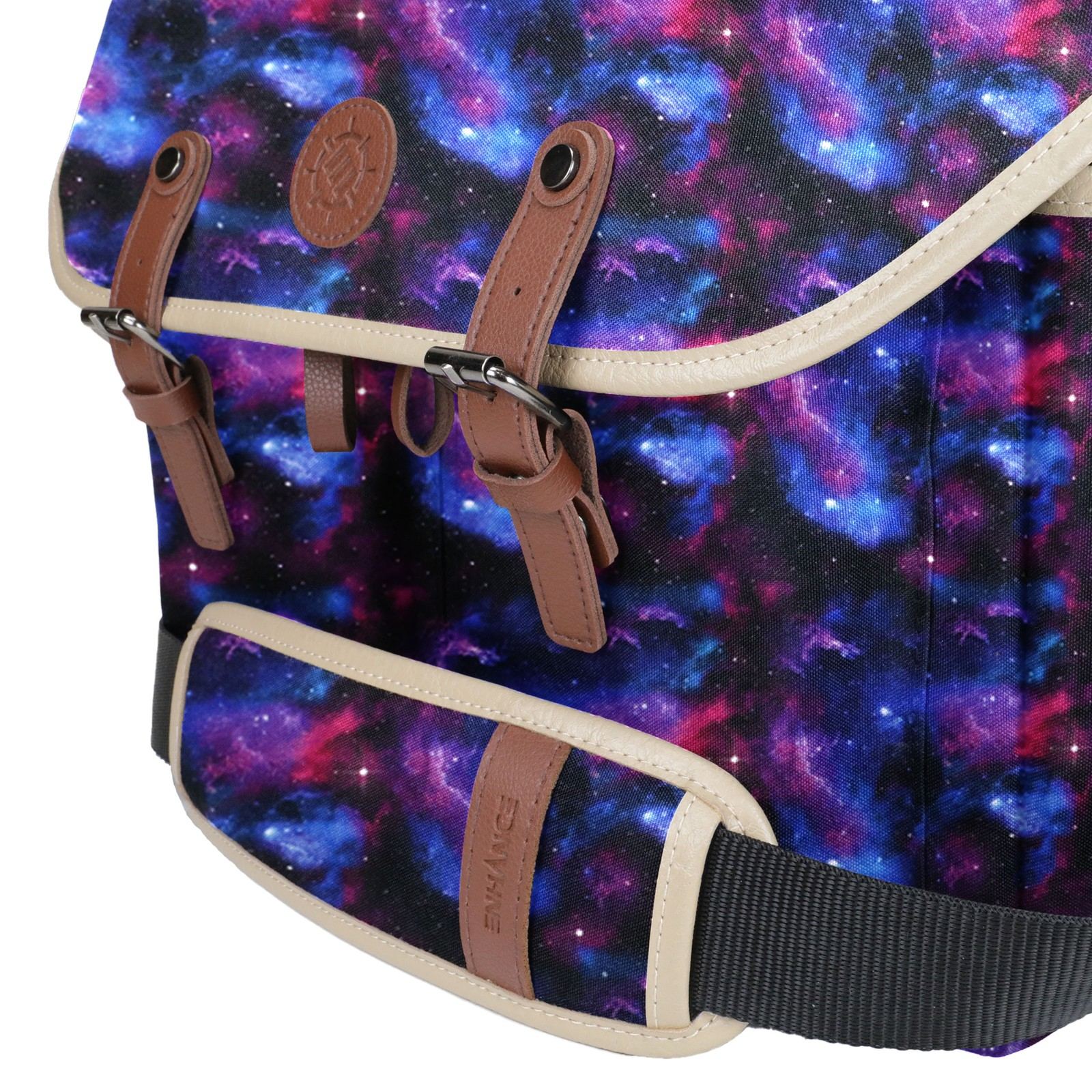 The Enhance Designer Edition DND bag features a colorful galaxy print flap secured by brown leather straps with metal buckles and highlighted by cream trim