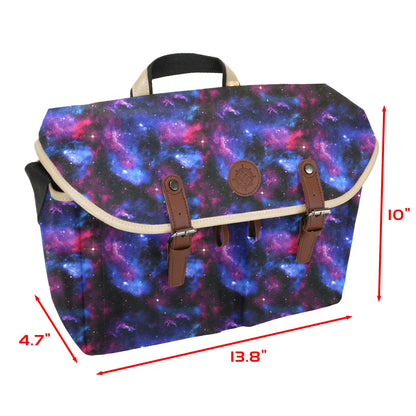Galaxy-themed Enhance Dnd bag measuring 138 inches wide by 10 inches high with brown faux leather buckle straps and a beige trim