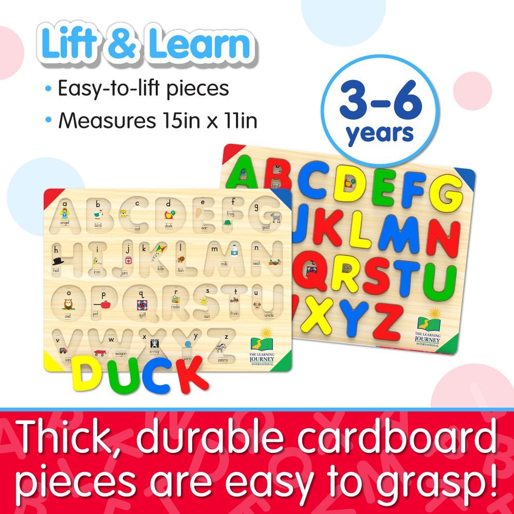 Wooden alphabet puzzle boards for 3-6 year olds, featuring colourful uppercase and lowercase letter pieces