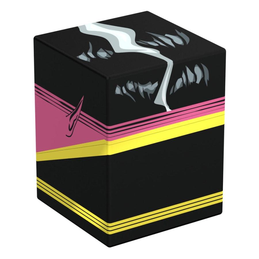 Black deck box with magenta and yellow diagonal stripes and a white cracked pattern on top