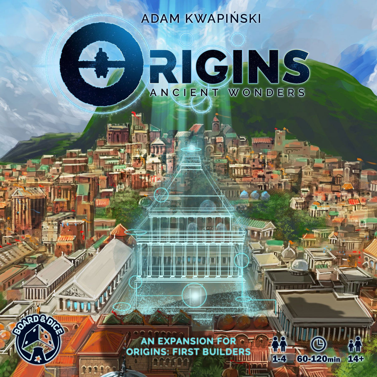 Origins: Ancient Wonders board game box displayed on shelf