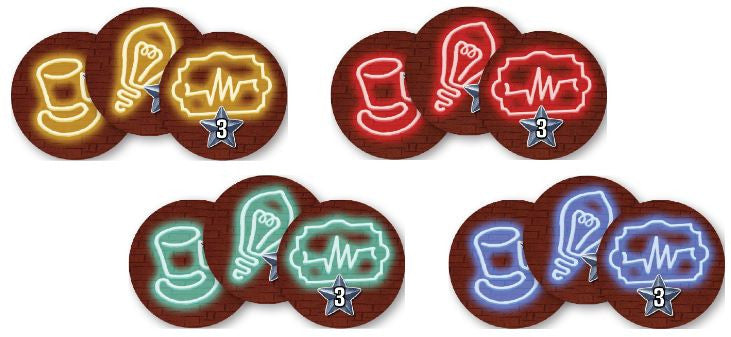 Nucleum Neons Promo round tokens in yellow red teal and blue with hat light bulb and heartbeat symbols and a silver star with a 3