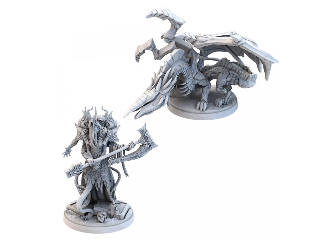 Two unpainted fantasy miniature figures on round bases a skeletal warrior with an axe and a biomechanical dragon or beast