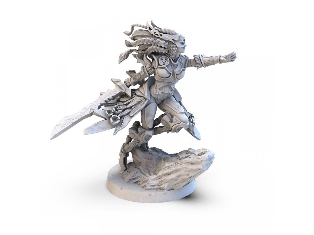 Lords of Ragnarok Valkyrie Hero miniature in dynamic action pose on rocky base unpainted resin 3D render
