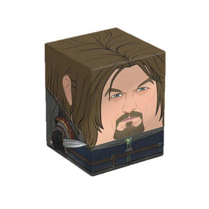 Illustrated cube collectible featuring a stern bearded man's face, long hair and a hand holding a dagger