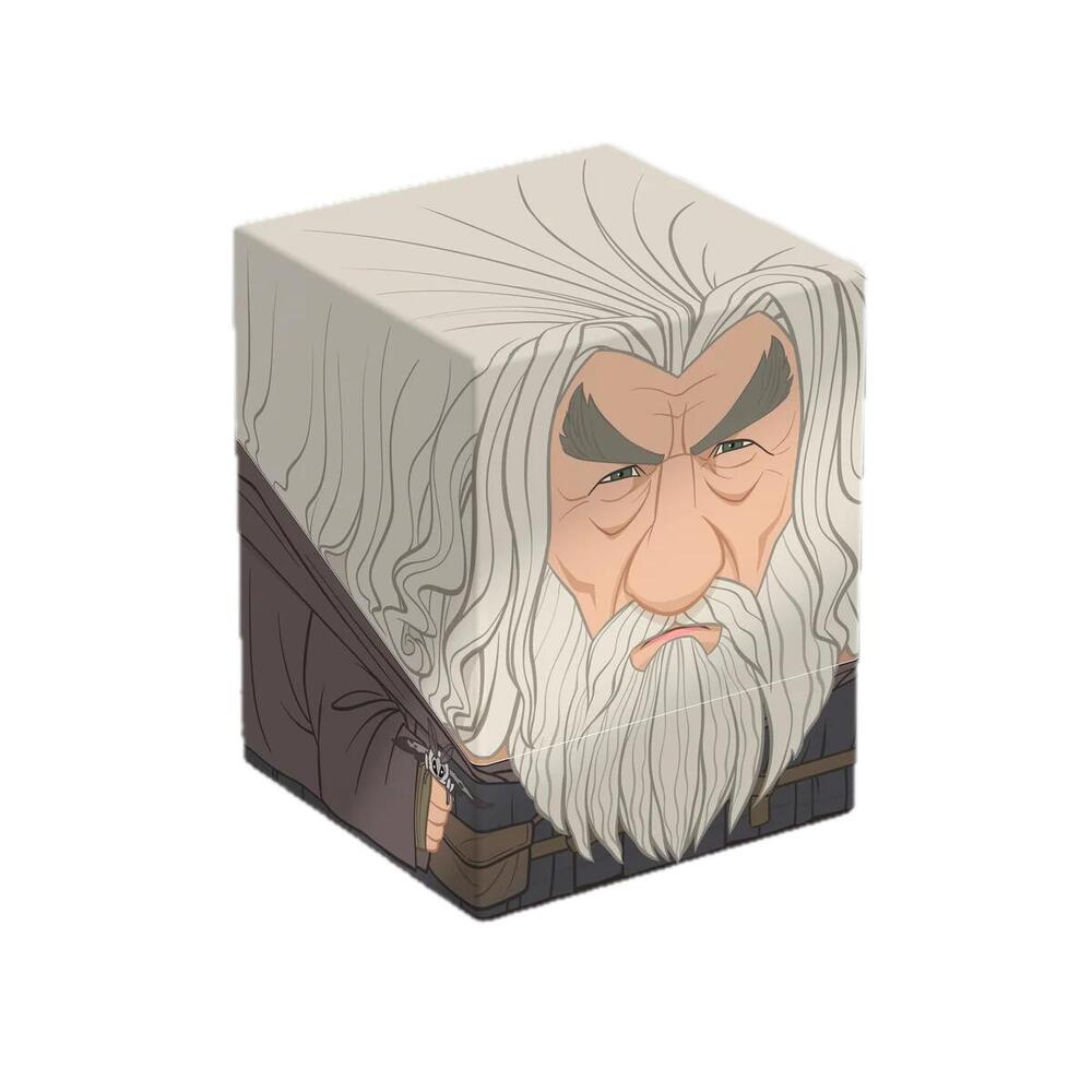 Stylized illustration of Gandalf's face and long white beard on a cube-shaped box