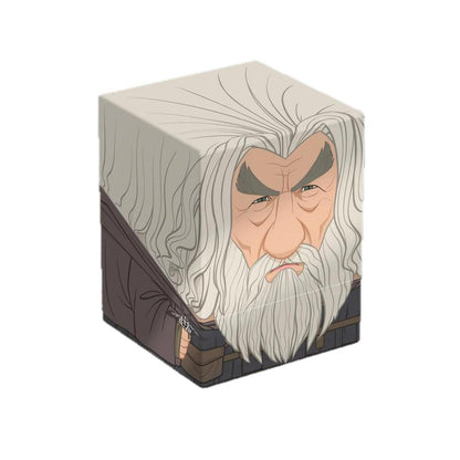 Stylized illustration of Gandalf's face and long white beard on a cube-shaped box