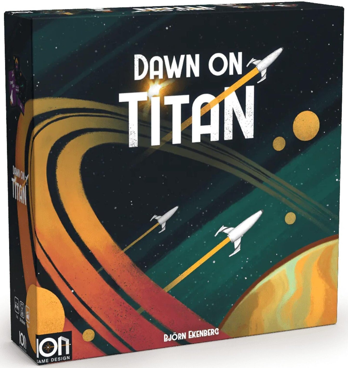 Front box cover of Dawn on Titan showing a massive space battle with fleets approaching the surface of Titan under a dark cosmic sky