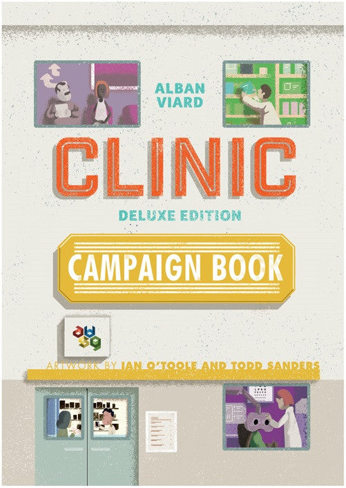 Cover of the Clinic Deluxe Edition Campaign Book by Alban Viard featuring orange text and cartoon illustrations of doctors and patients