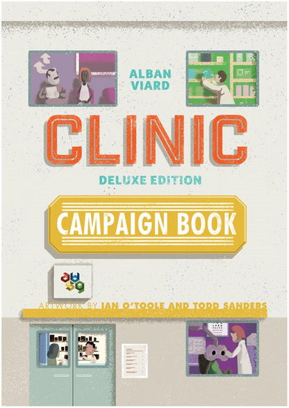 Cover of the Clinic Deluxe Edition Campaign Book by Alban Viard featuring orange text and cartoon illustrations of doctors and patients