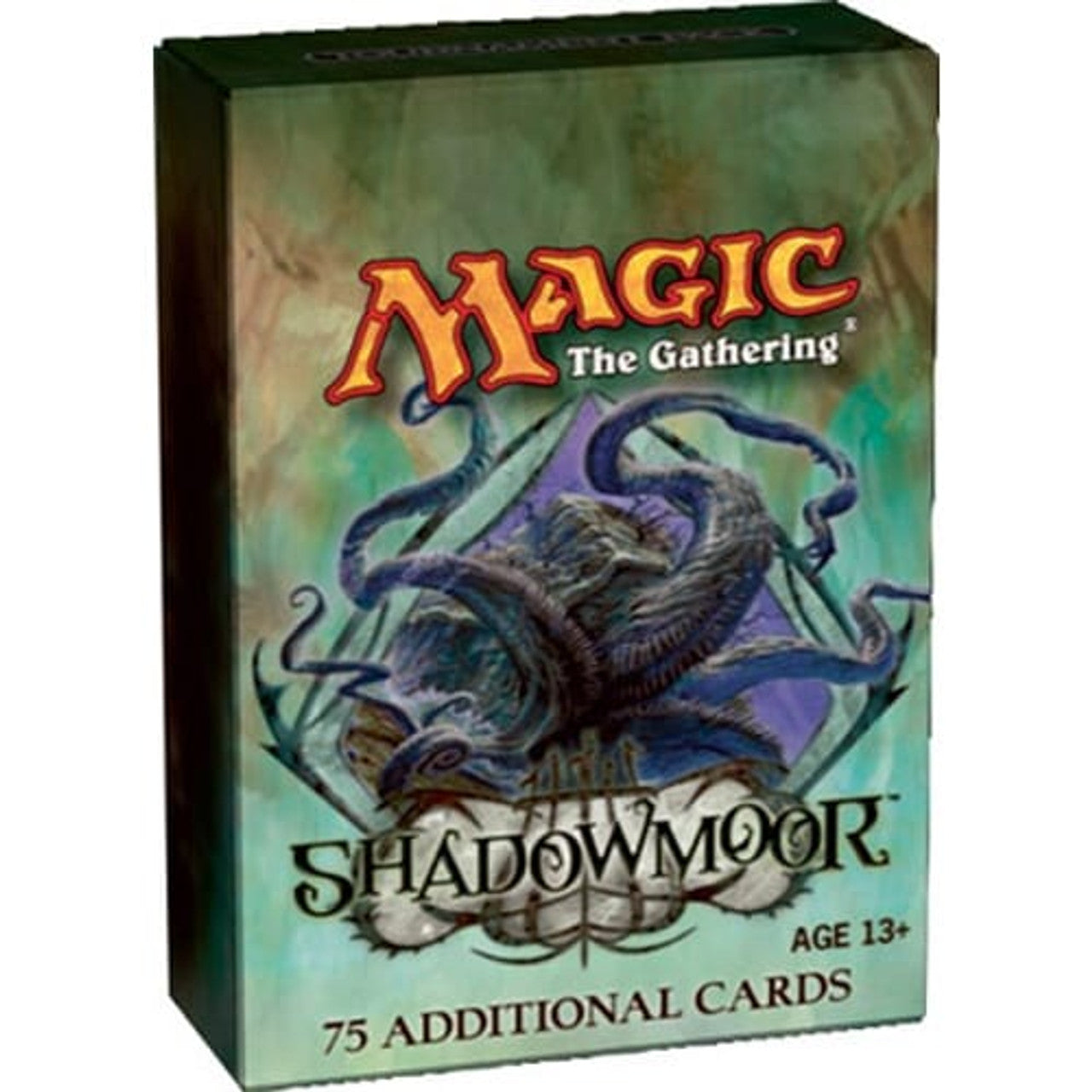 A green Shadowmoor Tournament Pack box shows a dark multi-tentacled creature design and reads 75 additional cards