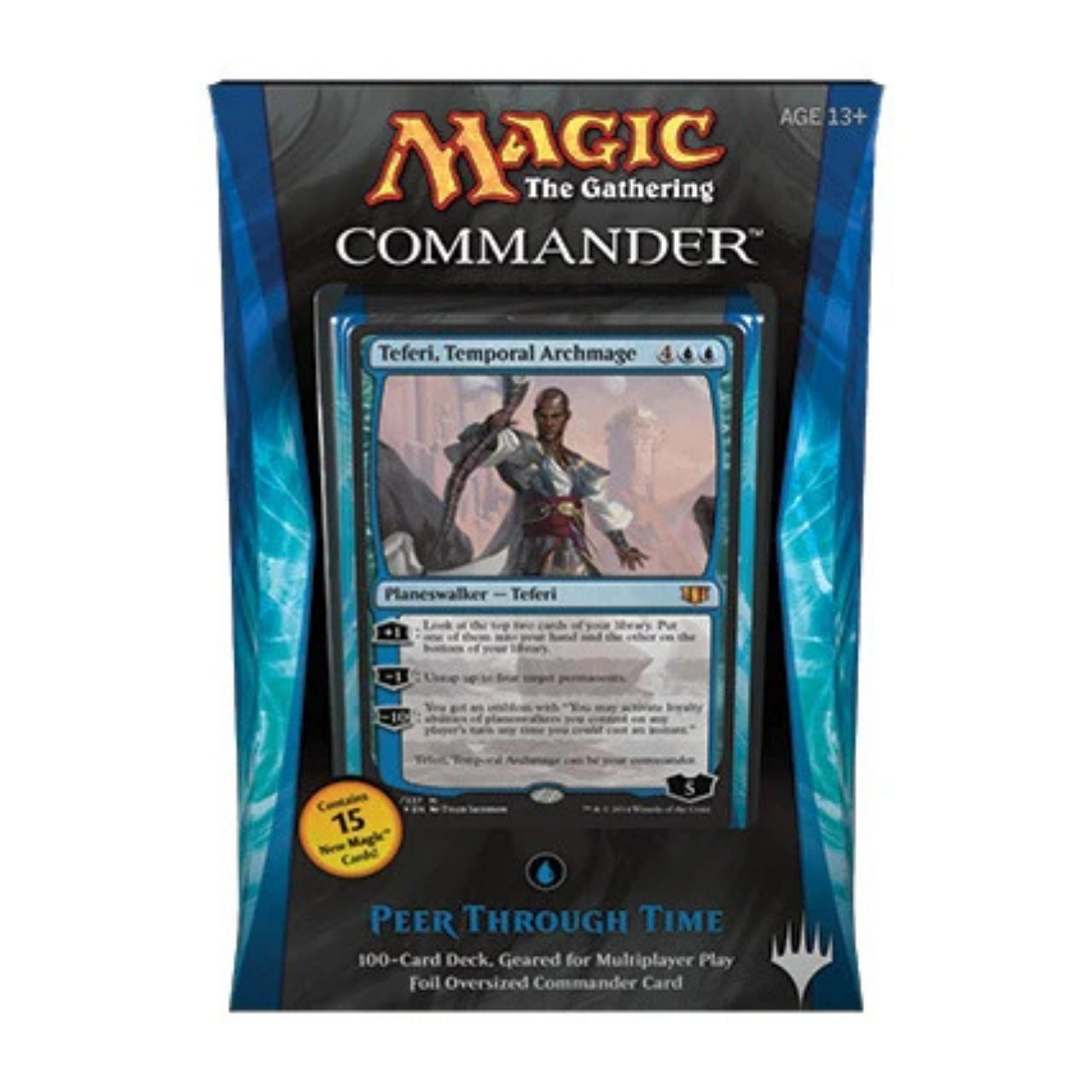A blue-themed Commander deck package, Peer Through Time, displays a featured card with a robed figure and mentions it is a 100-card deck with new cards