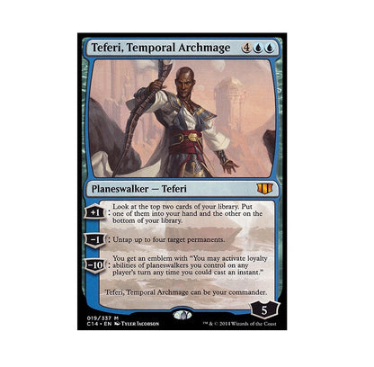A Magic The Gathering card with a blue border featuring a dark-skinned male figure holding a staff against a blue desert landscape