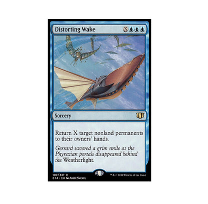 The Magic The Gathering card Distorting Wake depicts a large brown flying ship with sails soaring in a blue sky with smaller green flying creatures behind it