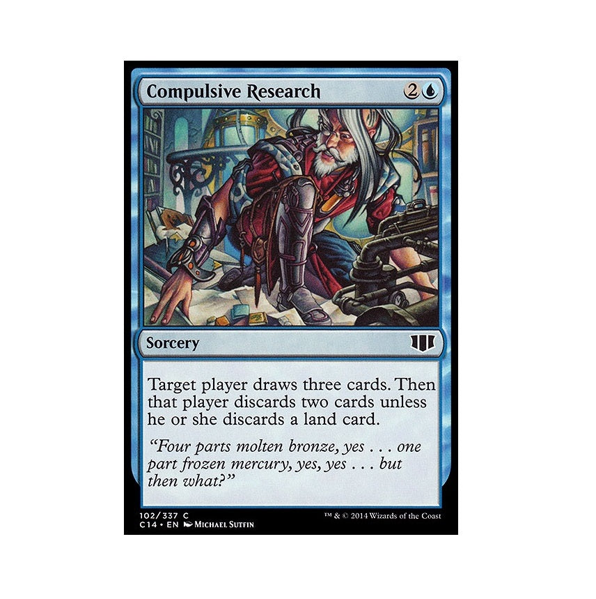 A Magic The Gathering card for Compulsive Research depicts an elf-like researcher in robes surrounded by books and arcane equipment